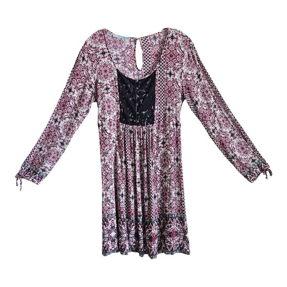 MAURICES Women's L Peasant Dress Buttons Lace Yoke Split Long Sleeve Above Knee - Picture 1 of 6